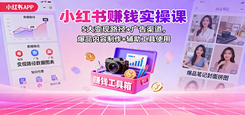 小红书赚钱实操课：5大变现路径+广告渠道，爆品内容制作+辅助工具使用-白马联创