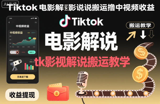 Tiktok电影解说搬运撸中视频收益,tk影视解说搬运教学-白马联创