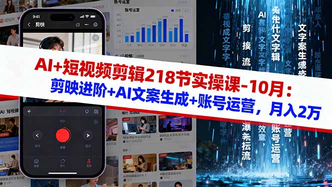 AI+短视频剪辑218节实操课-10月:剪映进阶+AI文案生成+账号运营,月入2万-白马联创